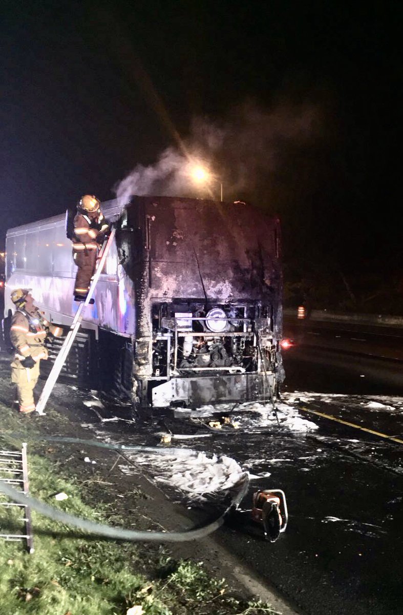 A tour bus fire has Southbound I205 slow at NE Glisan St. @ppbnorth officers are restricting traffic lanes while @PDXFire crews put out the engine fire. About 50 passengers were on board. All are ok