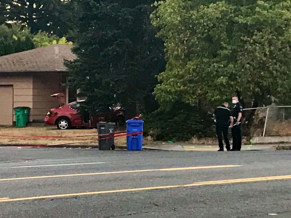 PortlandPolice say this is a fatal crash.  Two occupants, one deceased on scene, one transported with unknown injuries.  No word on cause.  Stark CLOSED between SE 152nd & 155th. 