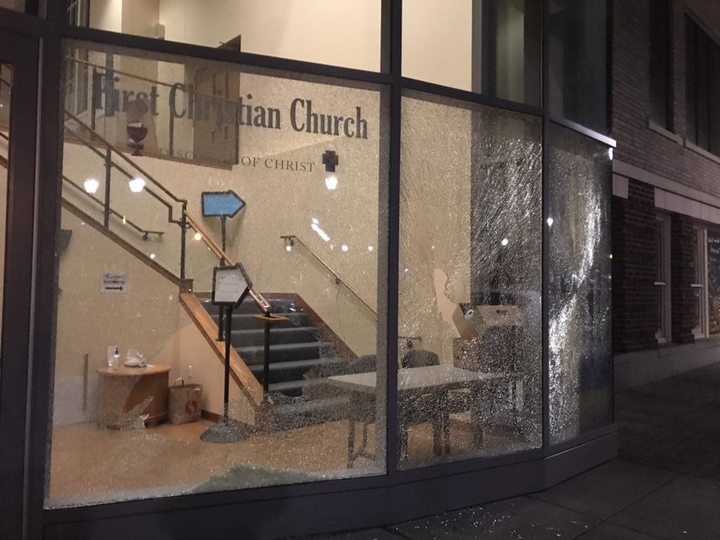 Another image of First Christian Church of Christ that was vandalized during Antifa's destructive overnight riot