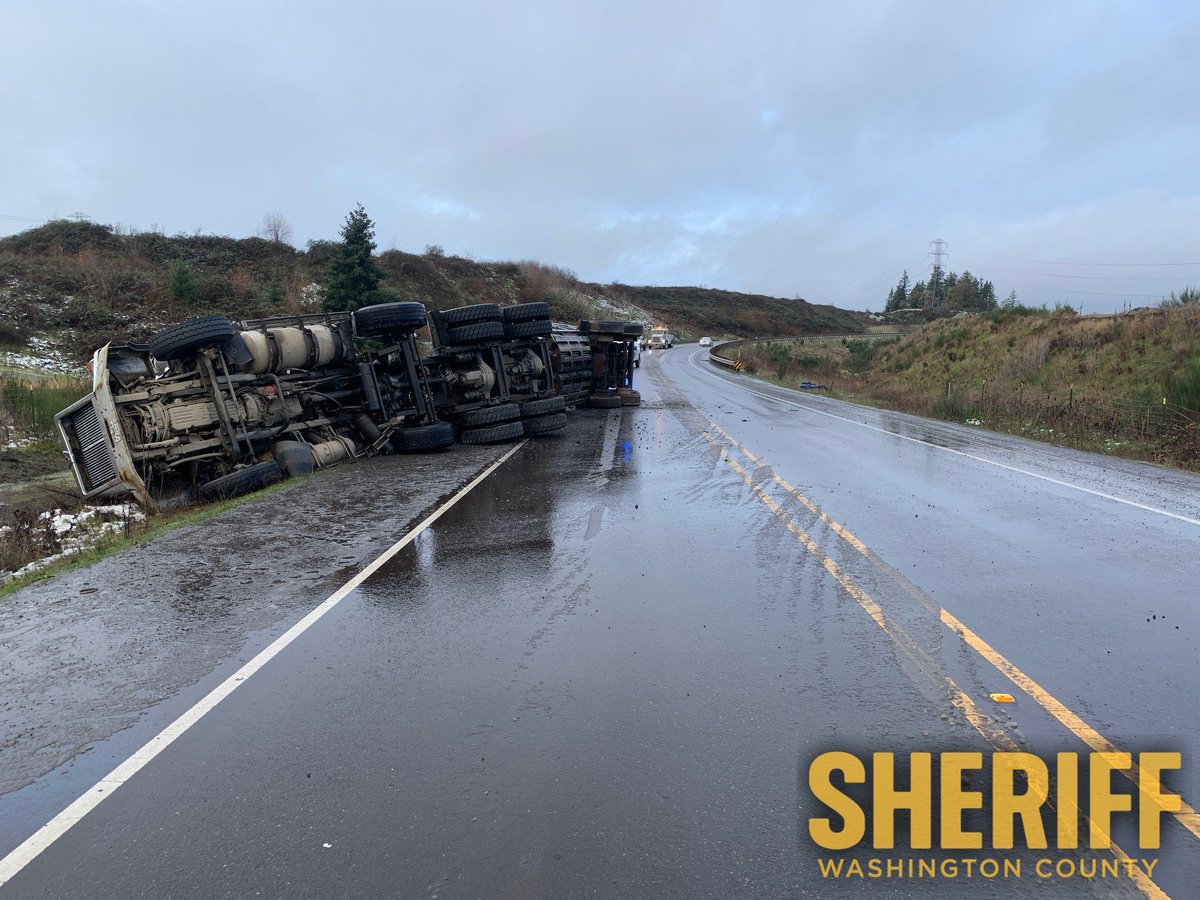 Deputies working a non-injury single-vehicle crash involving a semi-truck on SW 124th Ave., south of SW Tualatin Sherwood Road. Slick roads appear to have played a role in the crash. One lane is closed for the next hour as crews clean up gravel the truck was carrying