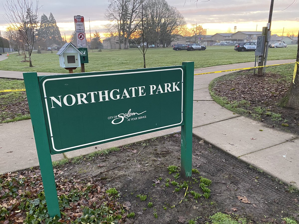 A sedan & 5 Salem police cruisers sit out in the open, at the scene of a deadly police shooting.  Happened around 12:30 a.m. in NE Salem's Northgate Park. Police say it started when a driver fled a traffic stop.  The driver is dead, &amp; a dog is injured following a confrontation