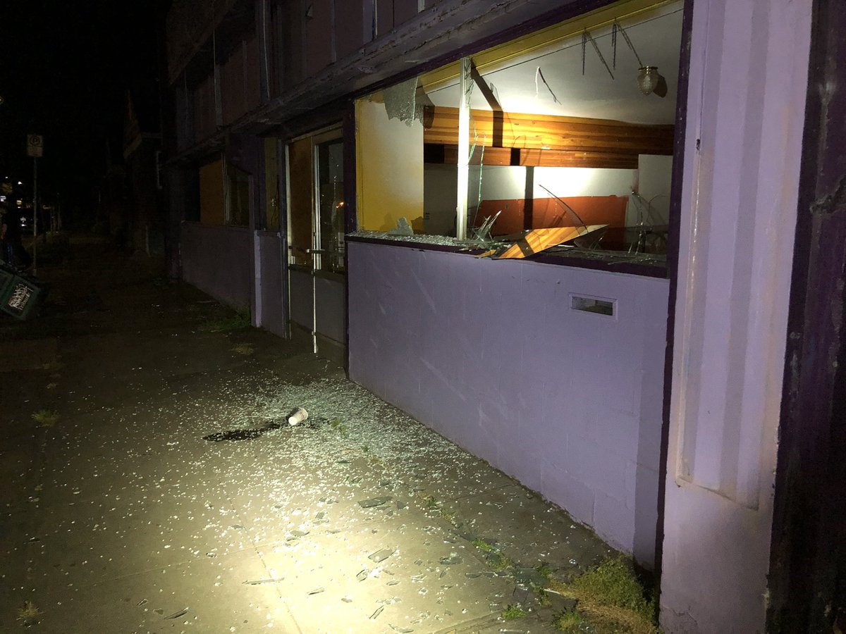 Marchers smashed out the windows of a vacant building on the corner of Albina and Rosa Parks Way as they started marching from Peninsula Park. That appears to be the only vandalism we can see from this brief demonstration