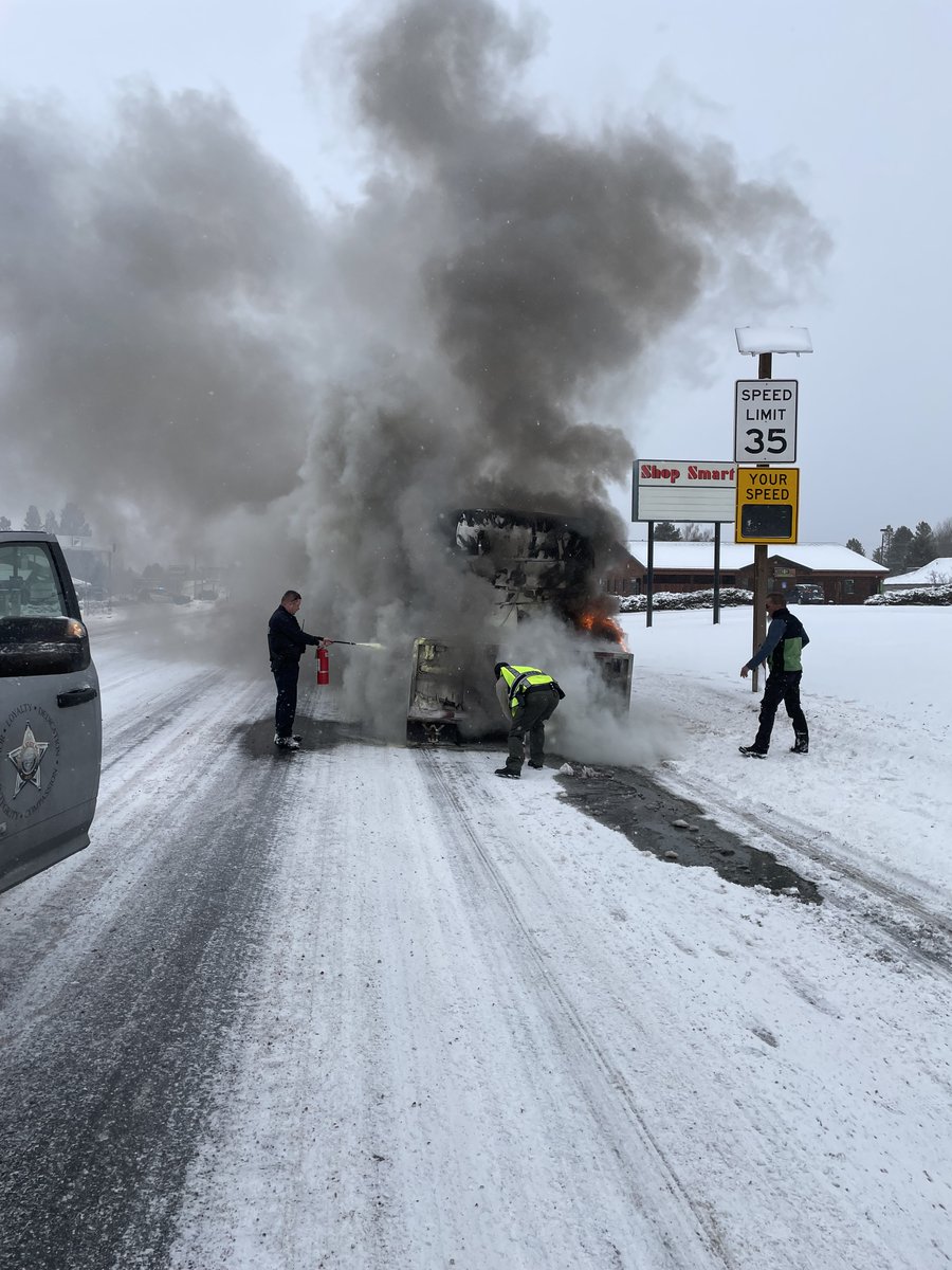 Highway 97 Closed at 6th Street, La Pine.  Emergency crews attempting to extinguish fire on semi-trailer. Expect delays northbound and southbound Highway 97. Oregon State Police investigating cause of fire, ODOT assisting with traffic control