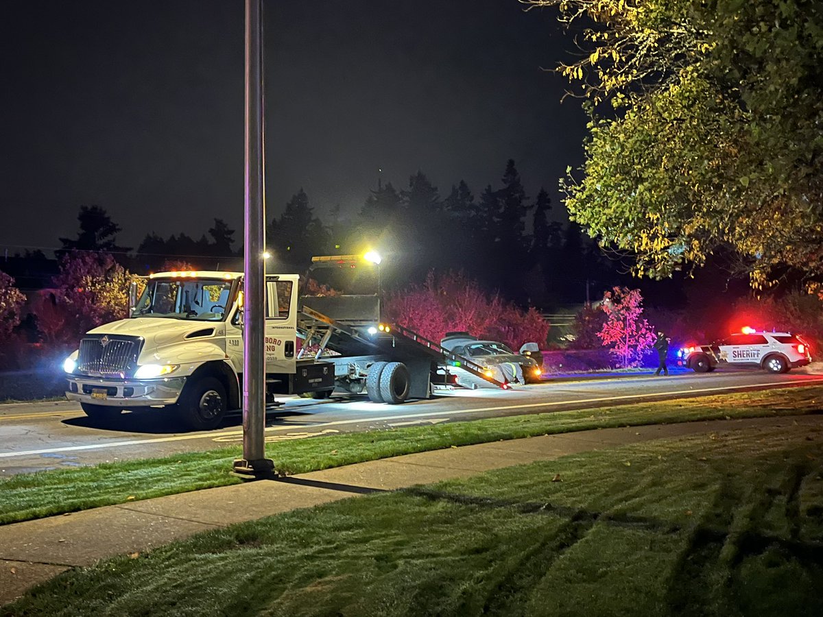 Crews just cleared NE Connell Ave. near Treehaven Dr. in Hillsboro after a car crashed. Police say the car is connected to an assault that happened in Seaside and was spotted by @WCSOOregon deputies on Highway-26. 