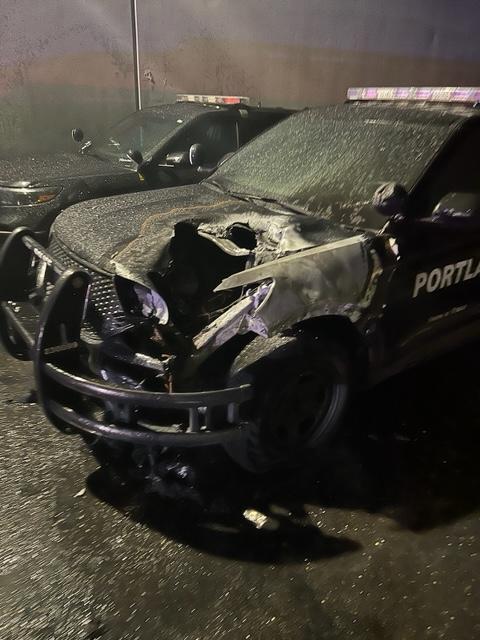 15 @PortlandPolice vehicles were damaged in an arson attack last night. This happened hours after protesters damaged parts of downtown and hours before police started clearing the occupied protest of the library at Portland State U