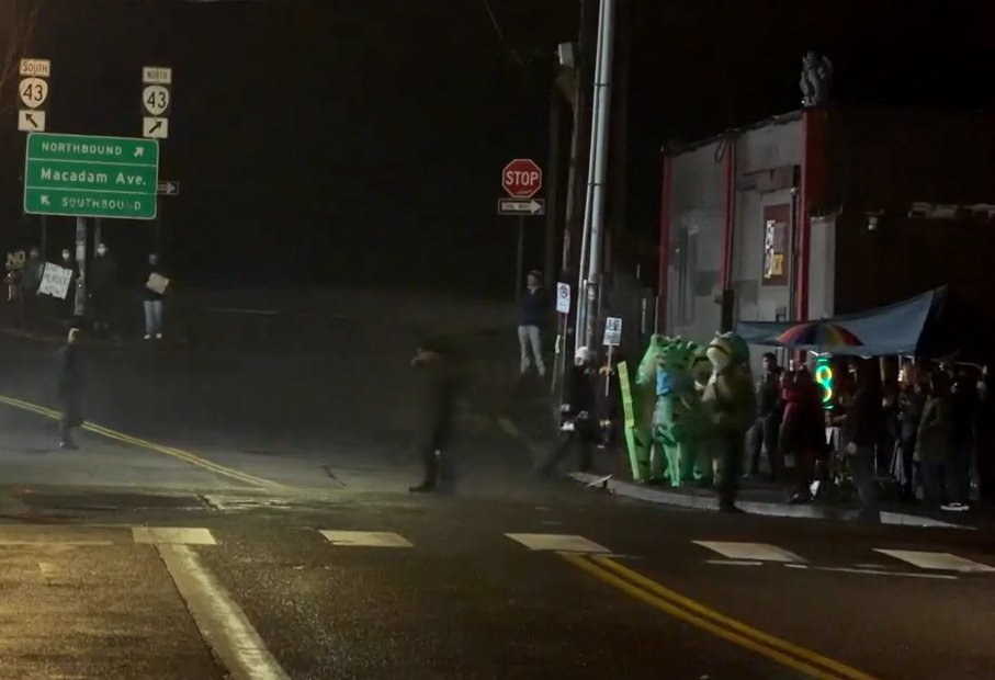 There’s an anti-ICE protest happening right now at Portland City Hall. People are out with signs, yelling, and as usual, some are wearing the weirdest outfits